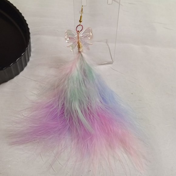 Home Made Handmade Feather & Metal Cat Multi Color Bow Earrings #41 - Picture 8 of 10